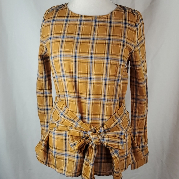 🍎2 Items/$12 DOE & RAE GOLDEN PLAID  LONG SLEEVE TIE FRONT TOP - Picture 1 of 8